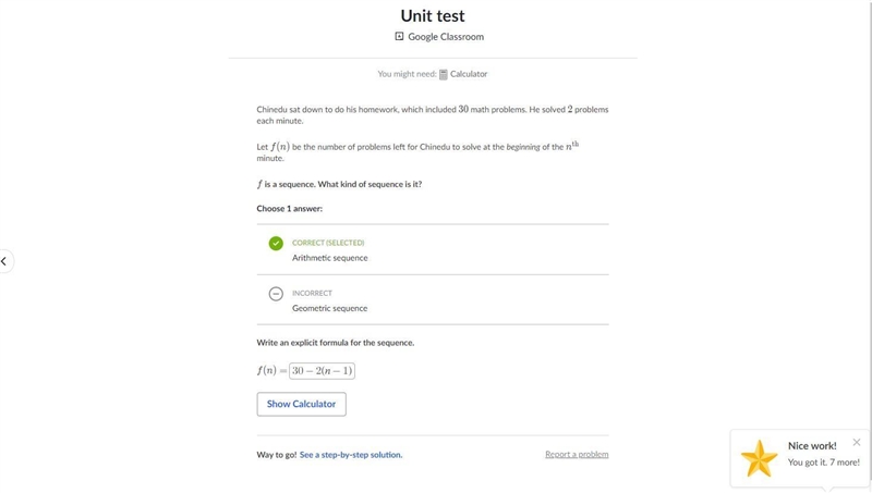 Chinedu sat down to do his homework, which included 30 math problems. He solved 2 problems-example-1