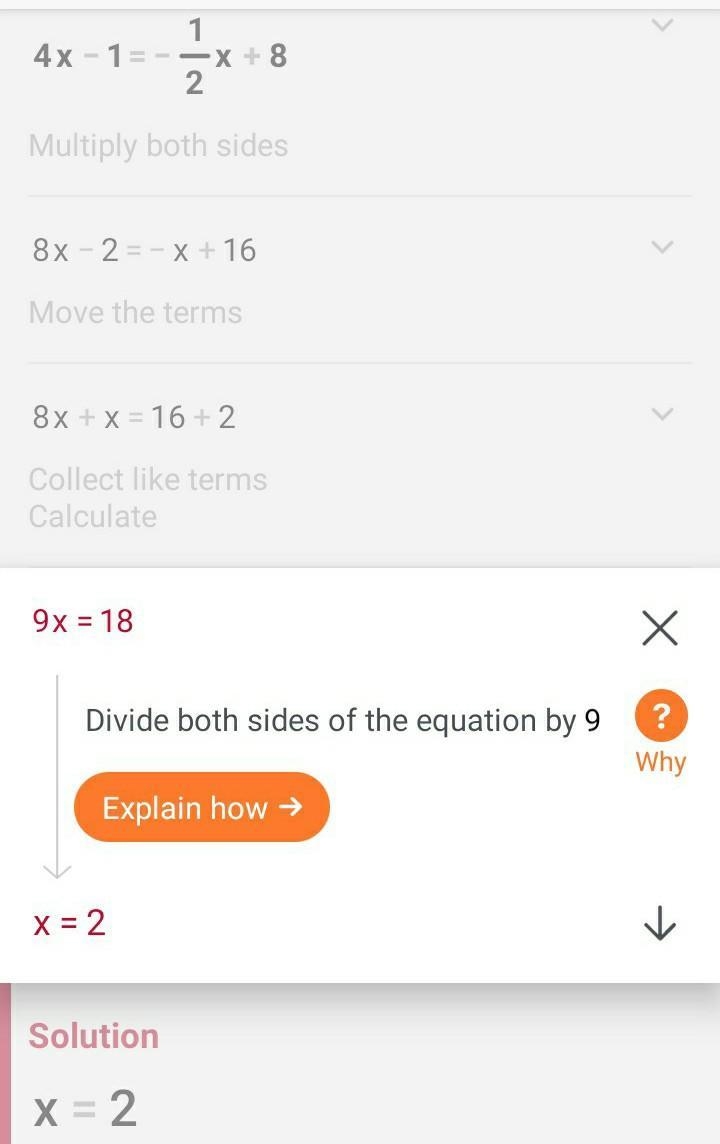 What is the solution to the following system? 4x - 1 = -½x + 8 a. (7,2) b. (6,-8) c-example-1