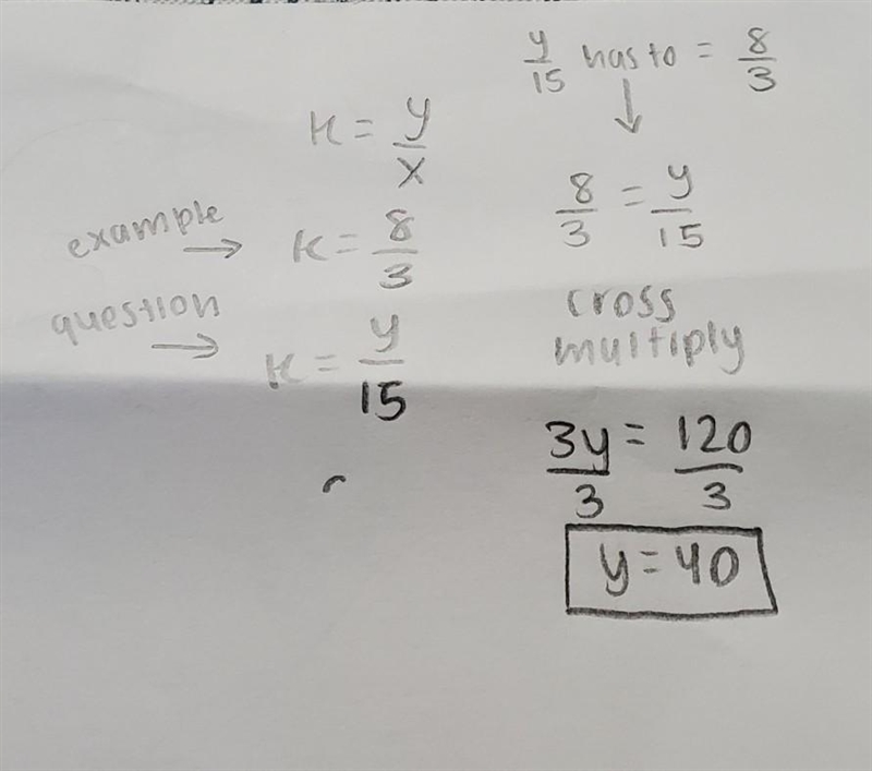 If y varies directly as​ x, and y=8 when x=3​, find y when x=15.-example-1