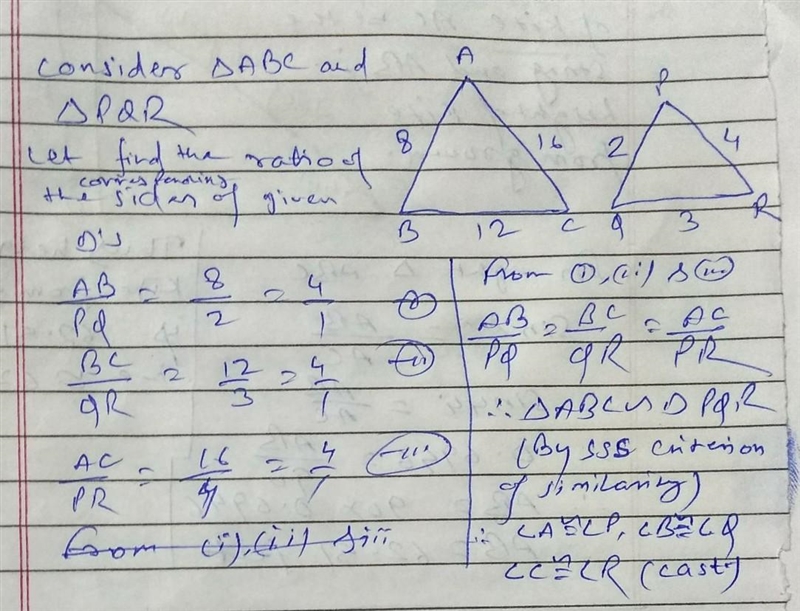 Consider the two triangles. How can the triangles be proven similar by the SSS similarity-example-1