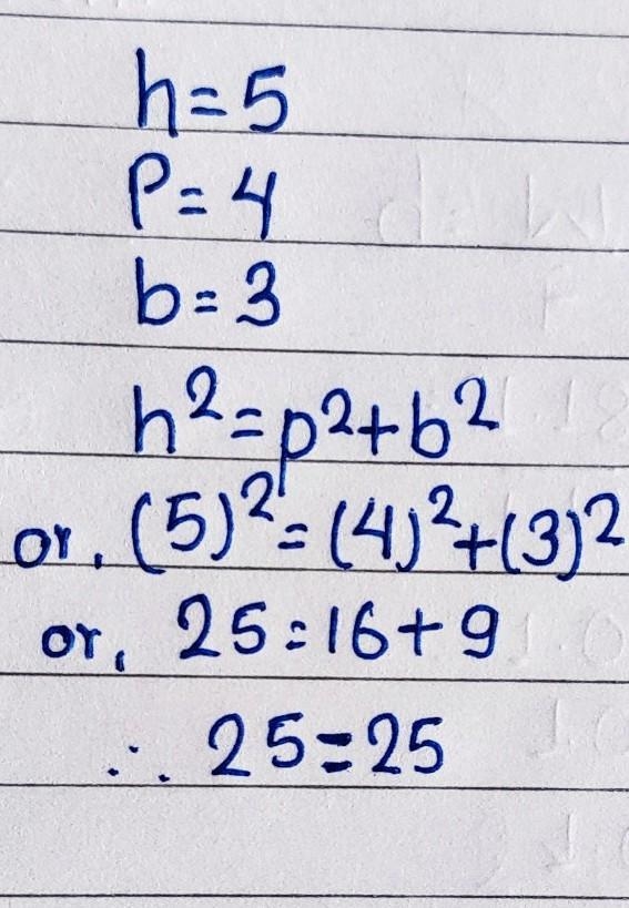 A triangle has sides of lengths 4, 3, and 5. Is it a right triangle Explain.​-example-1