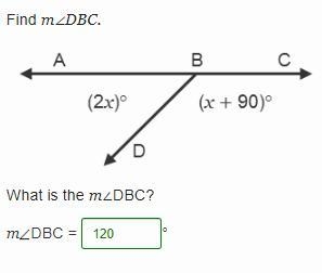 Find m∠DBC. Line B D intersects line A C at point B. Angle A B D is (2 x) degrees-example-1