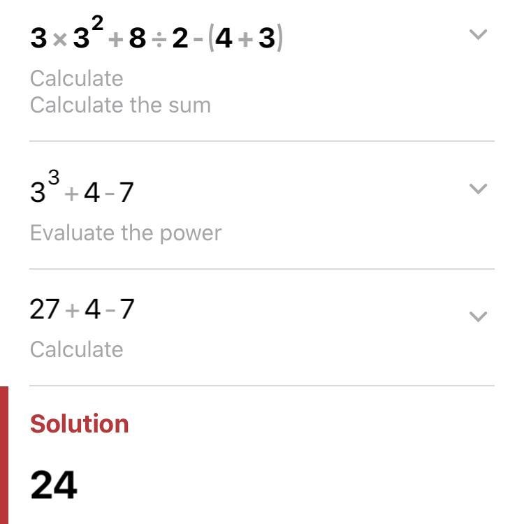 Select the correct answer. Simplify: 3 * {3}^(2) + 8 / 2 - (4 + 3) А. 23 B. 30 C. 24 D-example-1