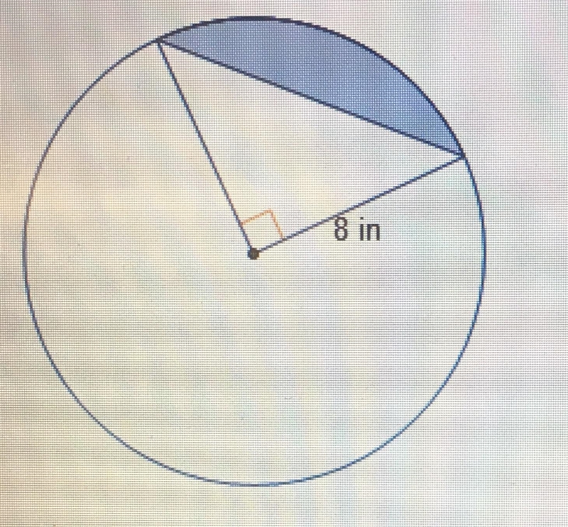 What is the area of the shaded portion of the circle? (16π – 32) in2 (16π – 8) in-example-1