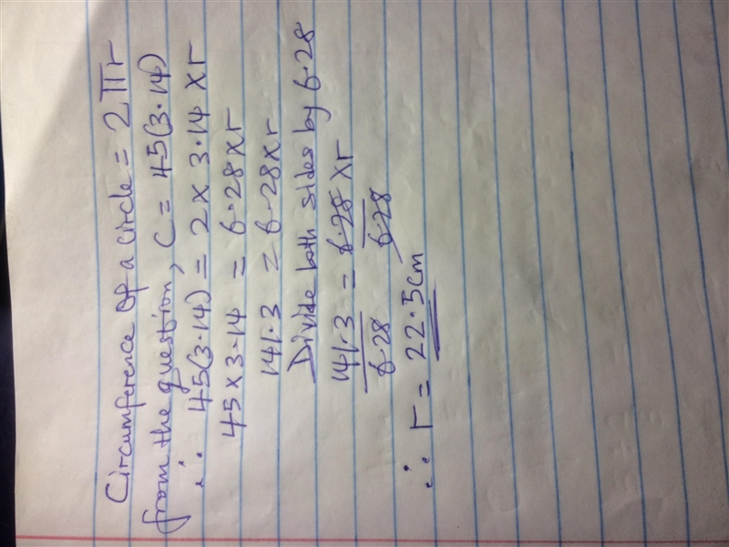 Find the radius of a circle with a circumference of 45(3.14) centimeters-example-1