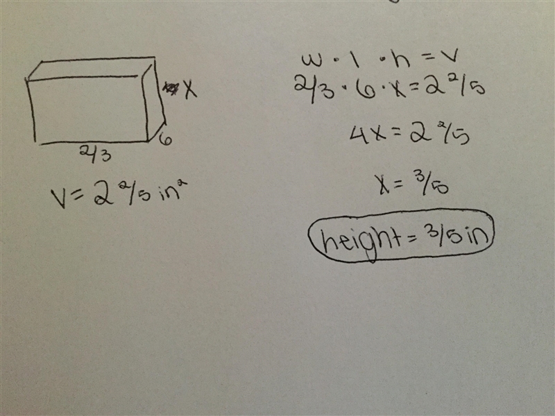 The volume of a rectangular prism is 2 2/5 cubic inches. If the length is 2/3 inches-example-1