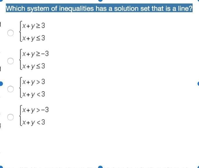 Which system of inequalities has a solution set that is a line? [x+y23 [x+y s3 [x-example-1