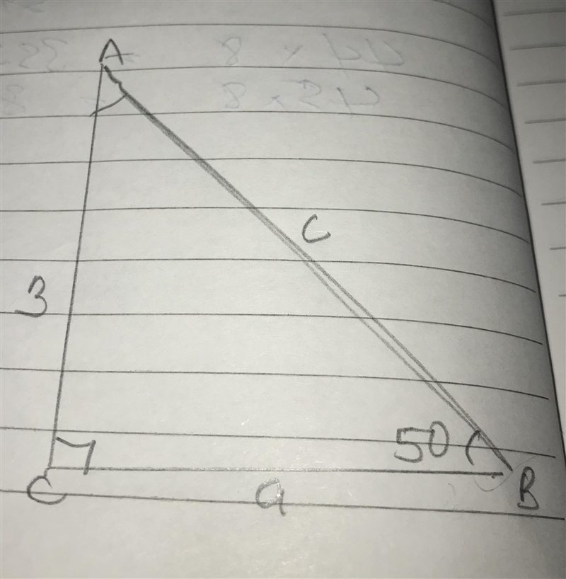 Which equation can be used to solve for c? sin(50o) = StartFraction 3 Over c EndFraction-example-1