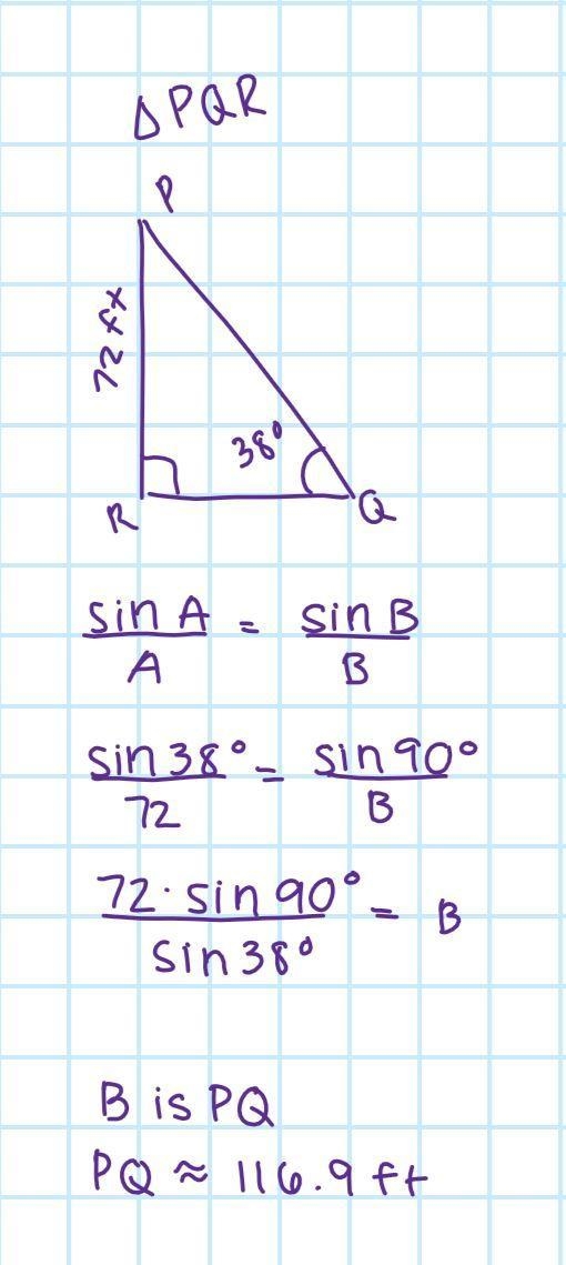 In ΔPQR, the measure of ∠R=90°, the measure of ∠Q=38°, and RP = 72 feet. Find the-example-1