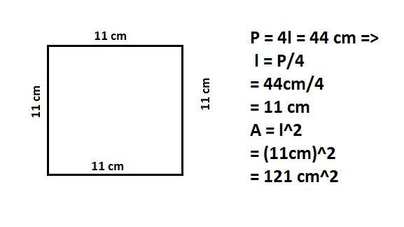 A square has a perimeter of 44cm. Calculate the area of the square.-example-1