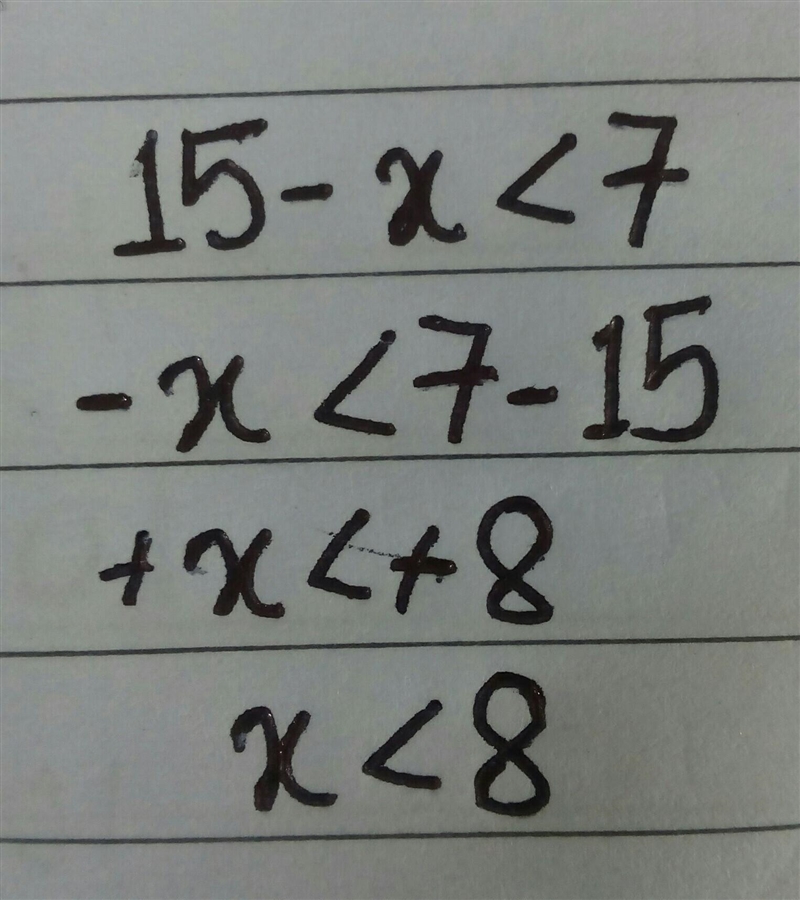 15 − x < 7 I need you to solve the inequality on a number line. Thanks!-example-1