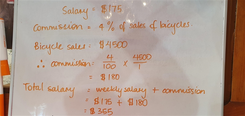 A salesperson earns a weekly salary of $175 plus a 4% commission on the sales of bicycles-example-1