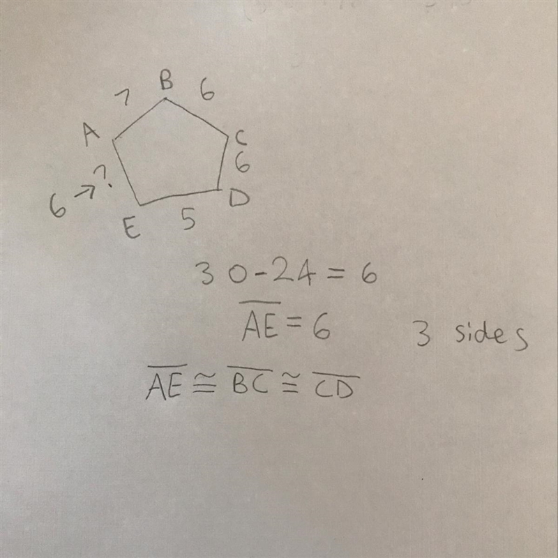 PLEASE HELP QUICK!! The perimeter of pentagon ABCDE is 30 in, AB = 7 in, BC = CD = 6 in-example-1