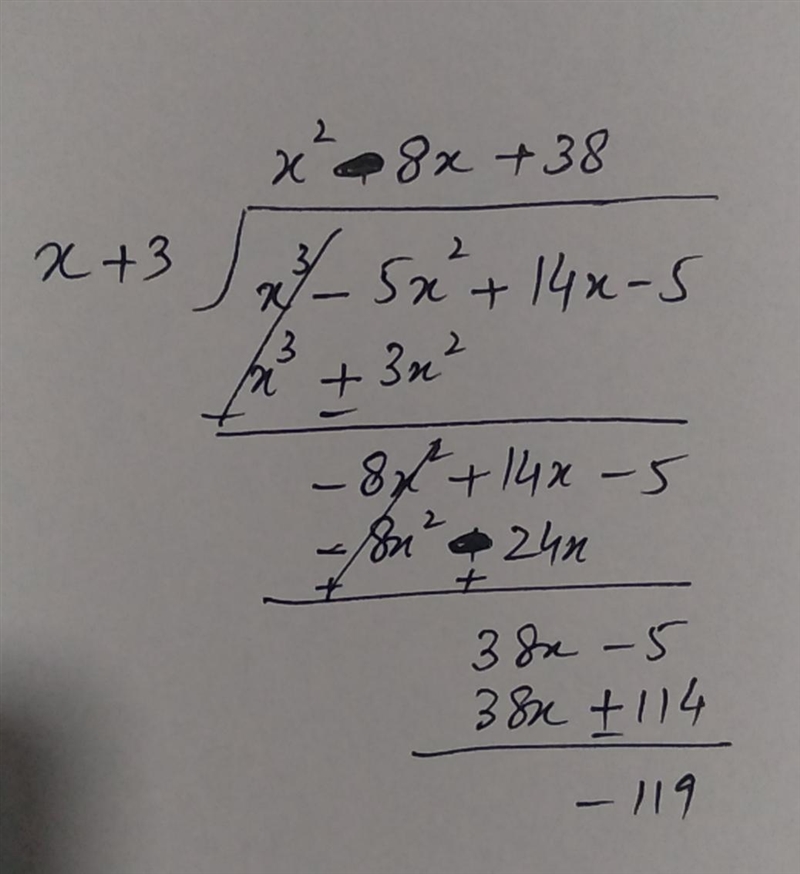 Determine the remainder when (x3 – 5x2 + 14x – 5) is divided by (x + 3).-example-1