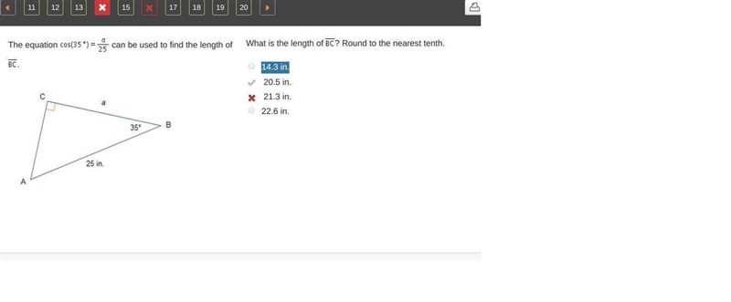 The equation cos (35 degree) equals StartFraction a Over 25 EndFraction can be used-example-1