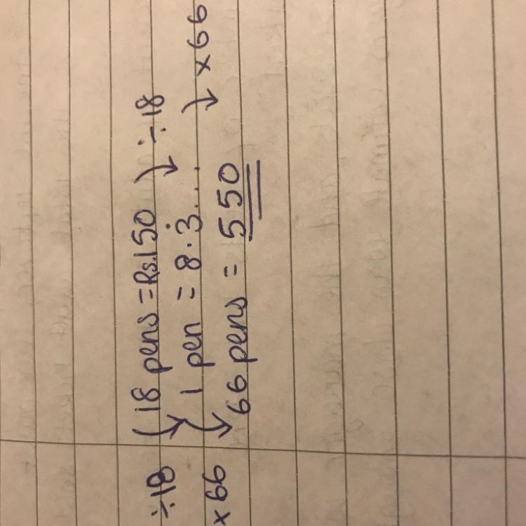 The cost of 18 pens is Rs. 150 . Find the cost of 66 such pen-example-1