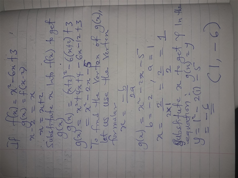 The function f(x) = x2 − 6x + 3 is transformed such that g(x) = f(x − 2). Find the-example-1