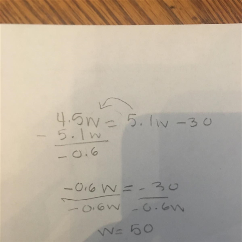 What is 4.5w=5.1w-30 step by step?-example-1