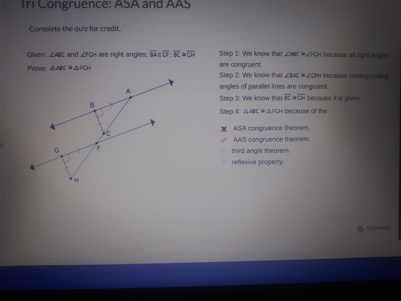 Given: Angle A B C and Angle F G H are right angles; Line segment B A is parallel-example-1