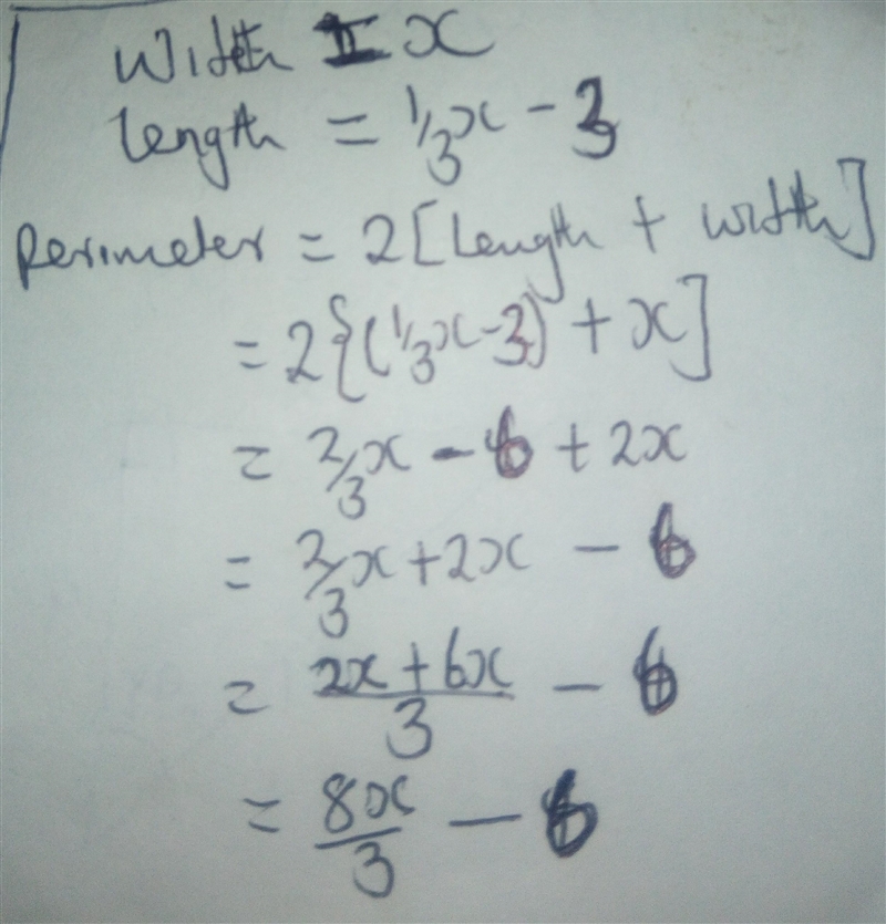 5. The length of a rectangle is 3 units shorter than one-third of the width, x. Which-example-1