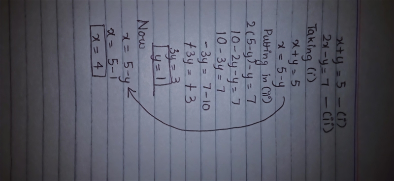 X + y = 5 2x - y = 7 Answer and show how to solve please-example-1