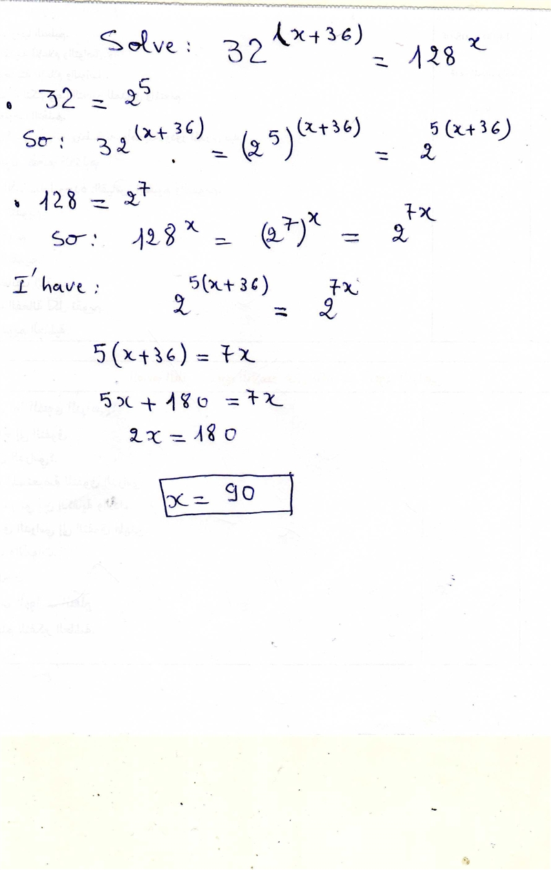 Solve the equation for x 32^(x+36)=128^x-example-1