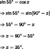 What is the value of x? sin 55° = COS X-example-1