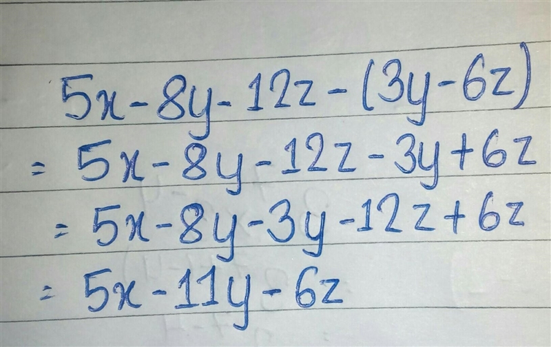 Subtract 3y - 6z from 5x - 8y - 12z-example-1