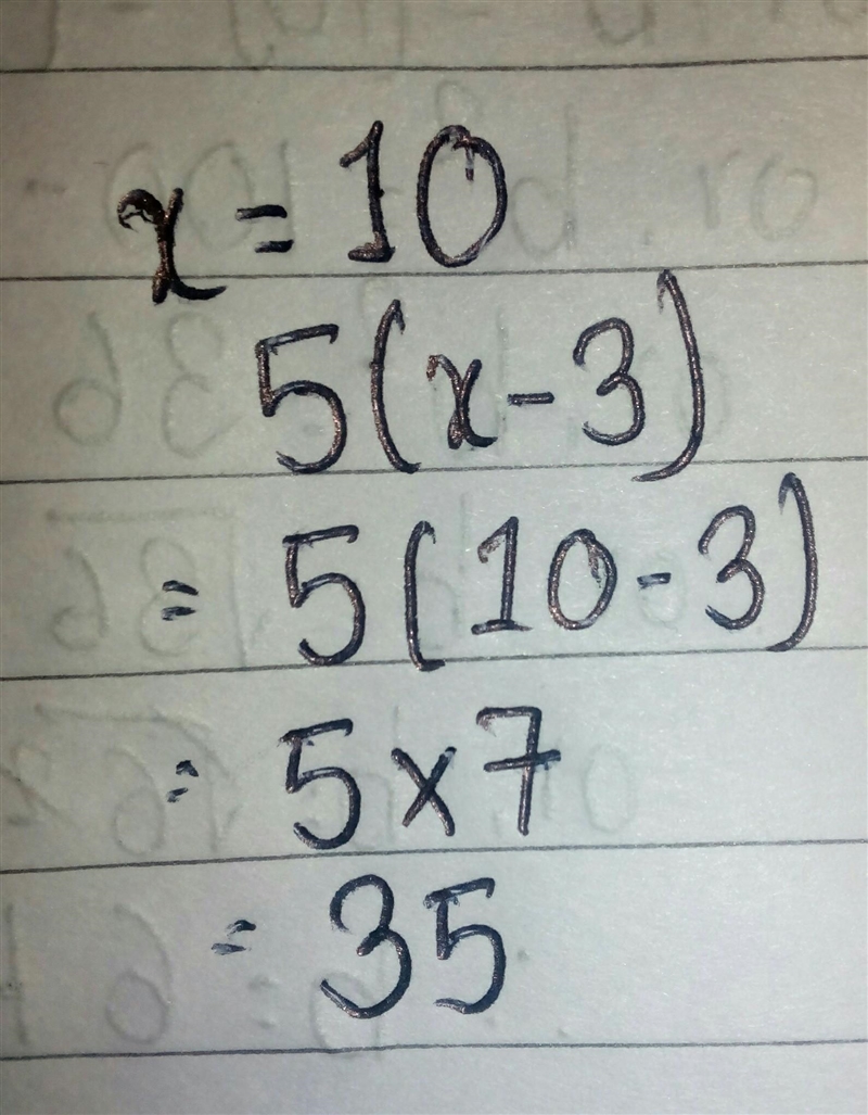 If x = 10, what is the value of 5(x - 3)? A. 7 B. 47 C. 35 D. 65-example-1