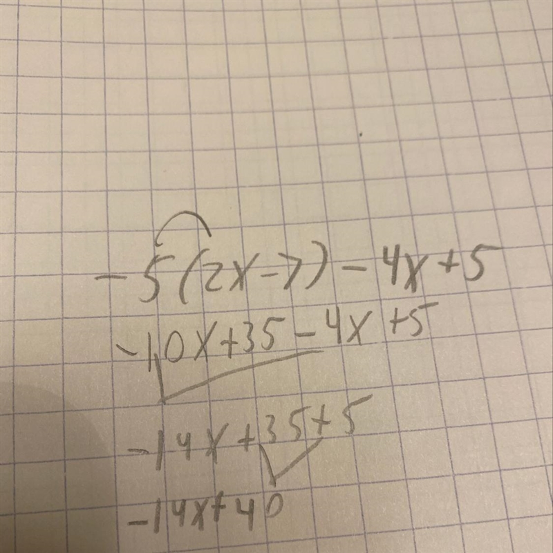 Simplify -5(2x-7)-4x+5-example-1