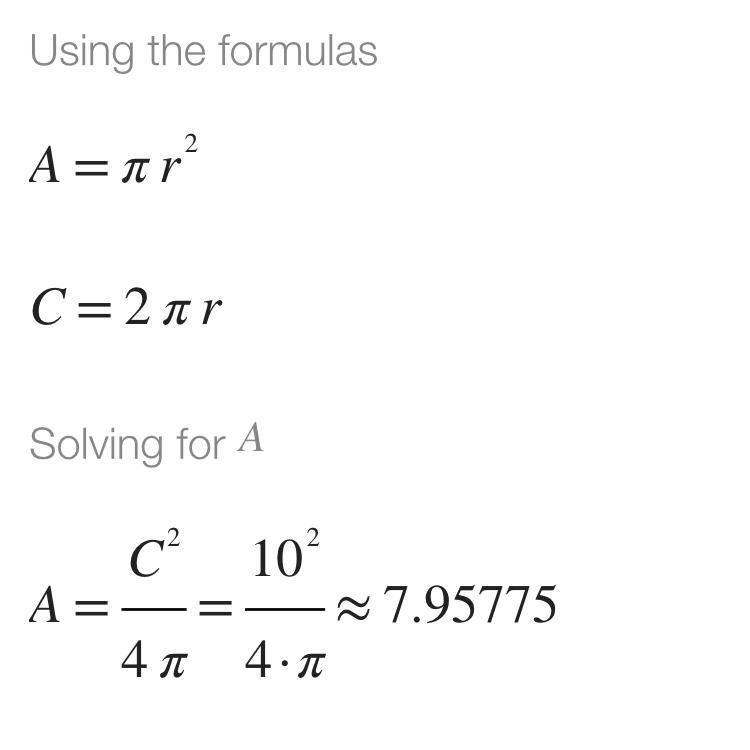 If a circumference of a circle is 10 inches, then determine the area of the circle-example-1