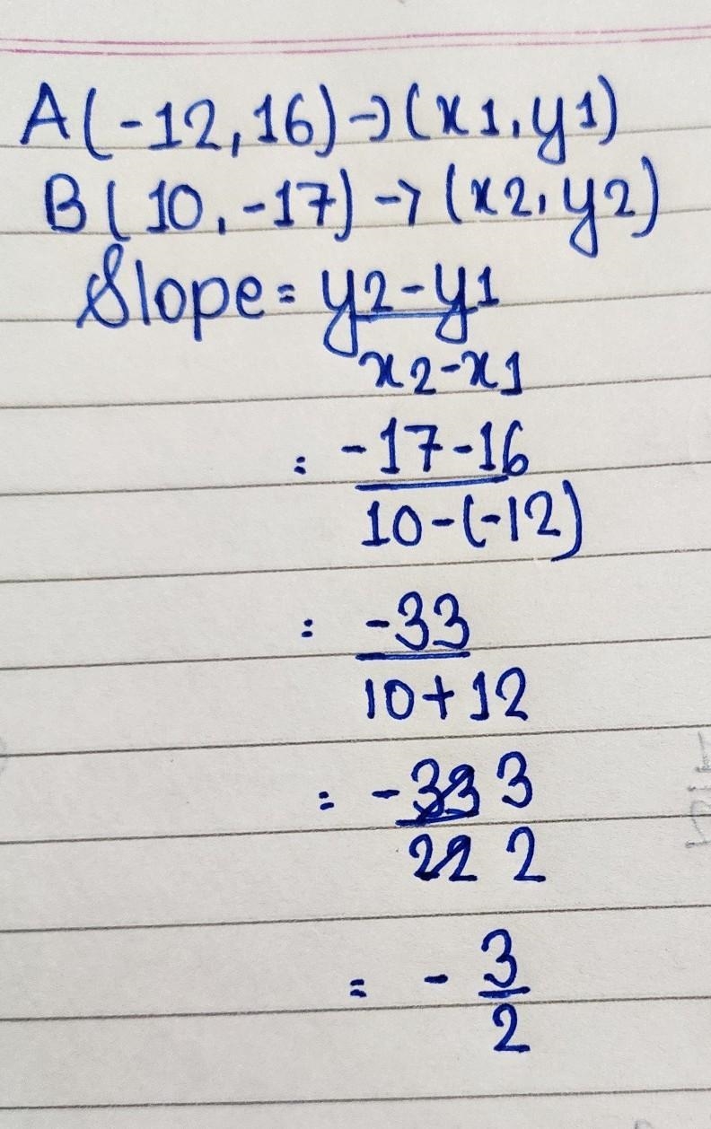 AB has endpoints at A(-12,16) and B(10,- 17). Find the slope of AB. A. - 3/2 B. - 2/3 C-example-1