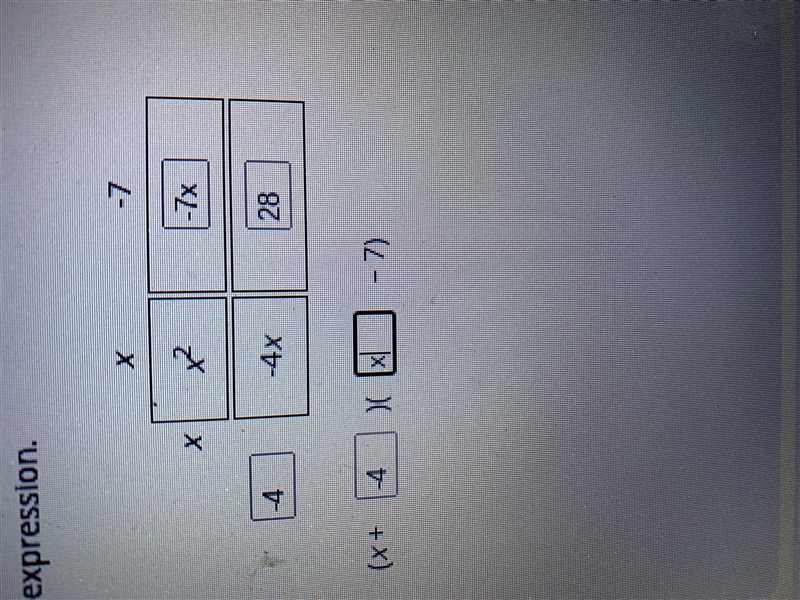 Complete the area model representing the polynomial x2 - 11x + 28. What is the factored-example-1