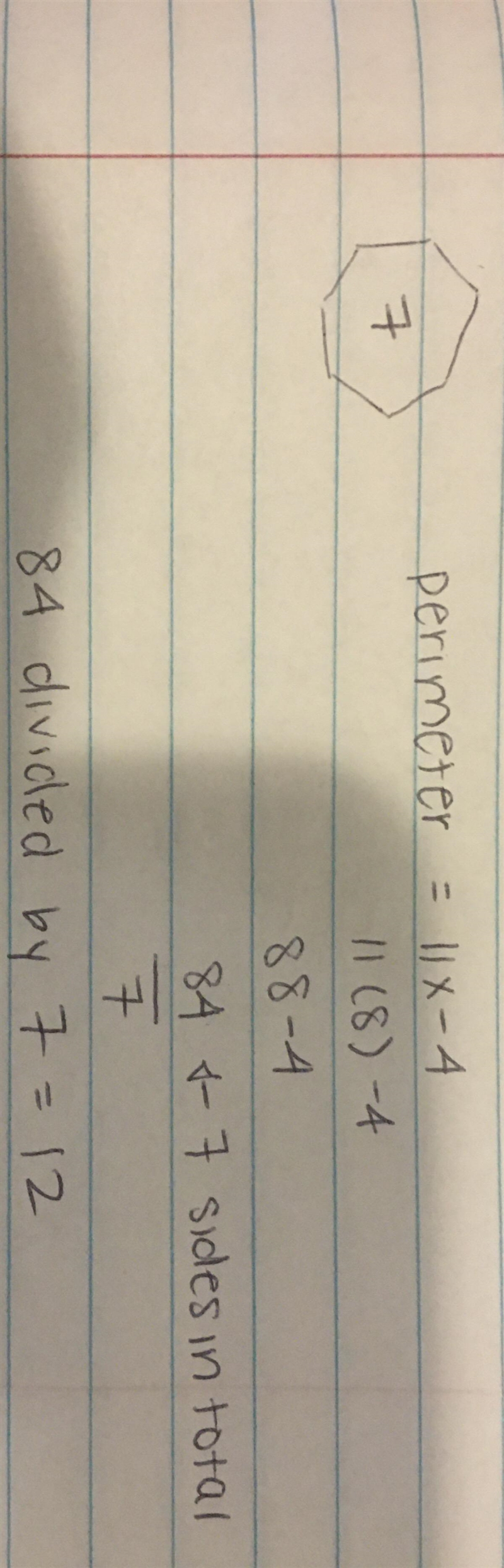 the perimeter of a regular seven-sided polygon is 11x - 4. If x = 8, what is the length-example-1