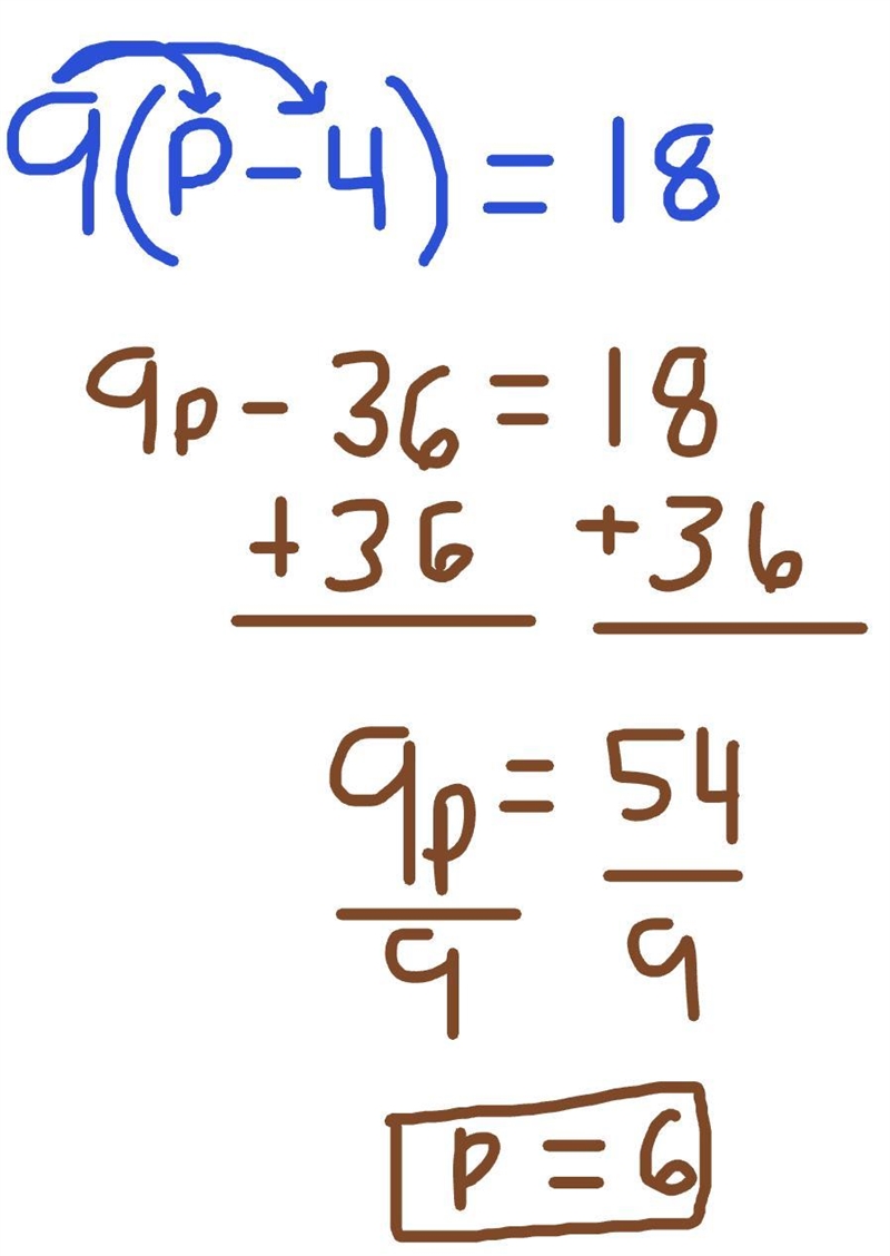 I wanna know an answer to this math problem I need help with9(p-4)=18 answer-example-1