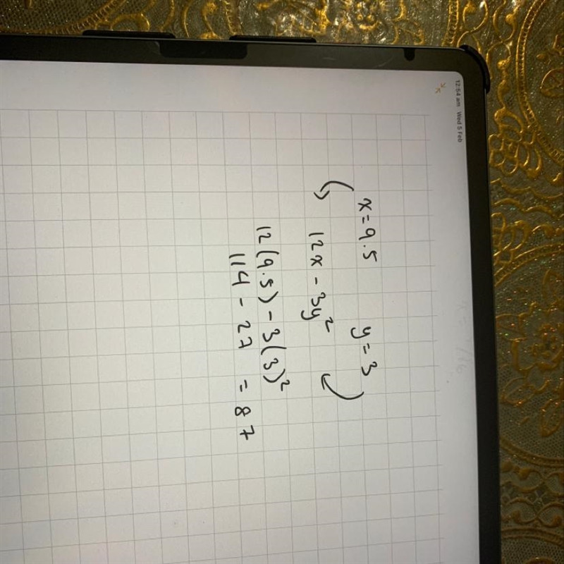 Evaluate the expression below when x=9.5 and y=3. 12x - 3y exponent 2-example-1