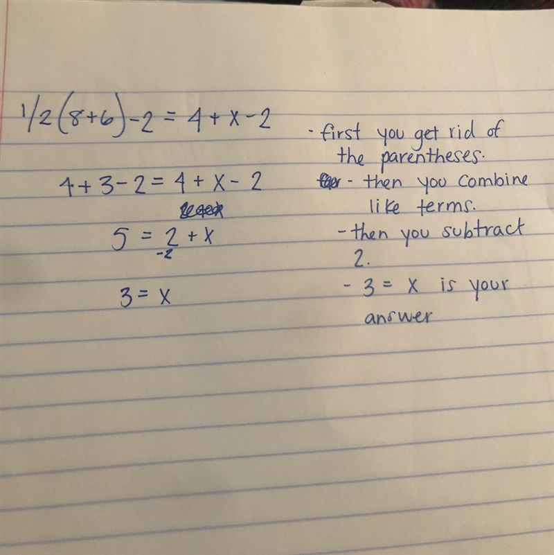 1/2(8+6)-2=4+x-2 pls explain the steps on how to get the answer-example-1