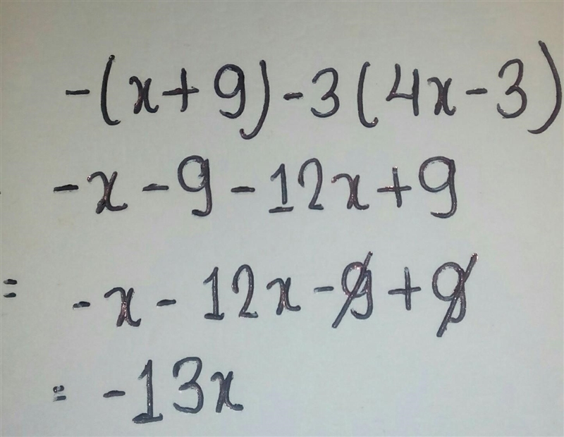 Simplify:-(x +9) -3(4x - 3)-example-1