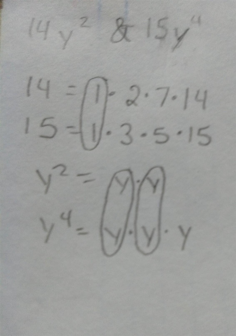 Find the greatest common factor of 14y^2 and 15y^4-example-1