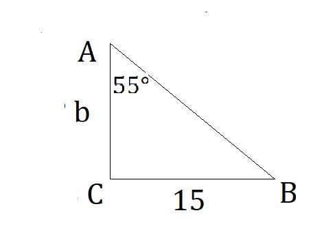 The equation tan(55 degree) equals StartFraction 15 Over b EndFraction can be used-example-1