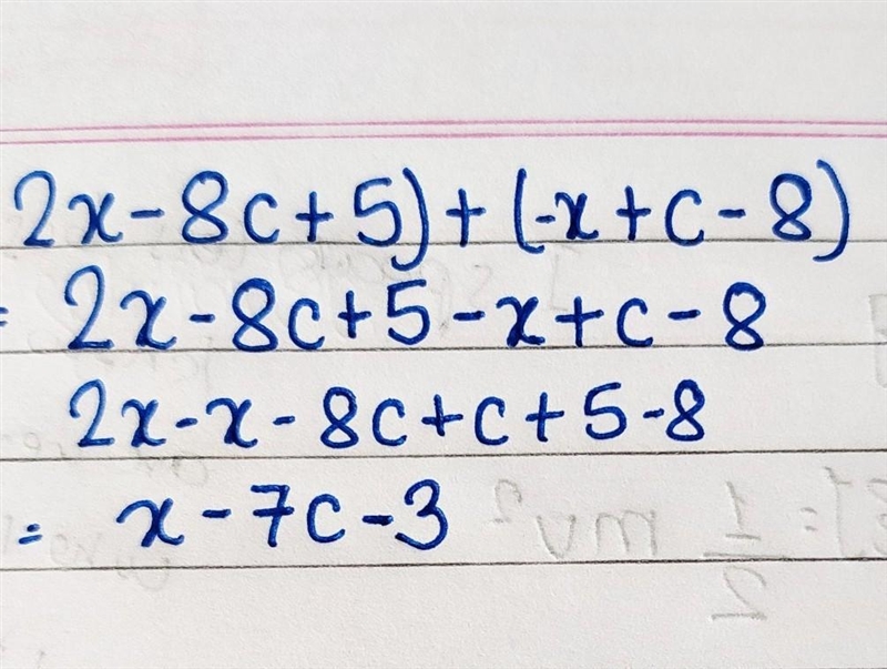 Find the sum and express it in simplest form. (2x - 8C + 5) + (-x + C - 8)-example-1