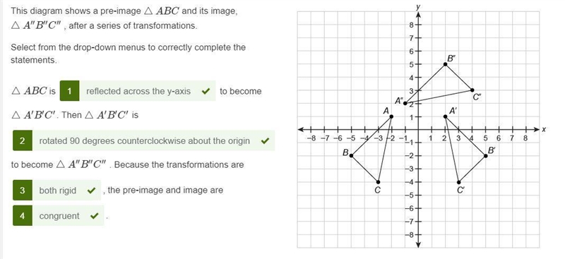 This diagram shows a pre-image △ABC , and its image, ​ △A′′B′′C′′ ​ , after a series-example-1