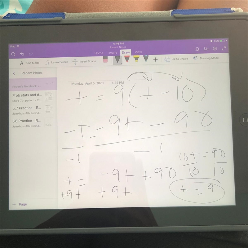 Equations with Solve for t. -t = 9(t – 10) Pro Stuck? Watch a video or use a hint-example-1