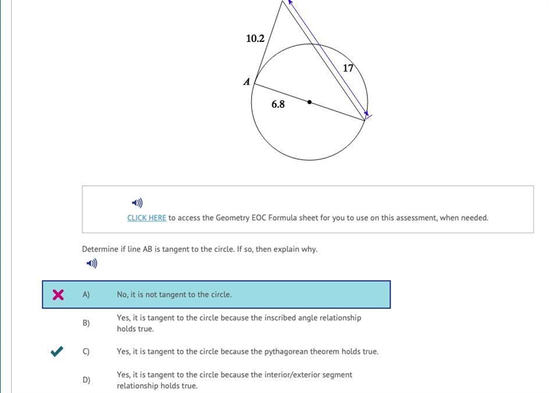 Determine if line AB is tangent to the circle. If so, then explain why. A) No, it-example-1