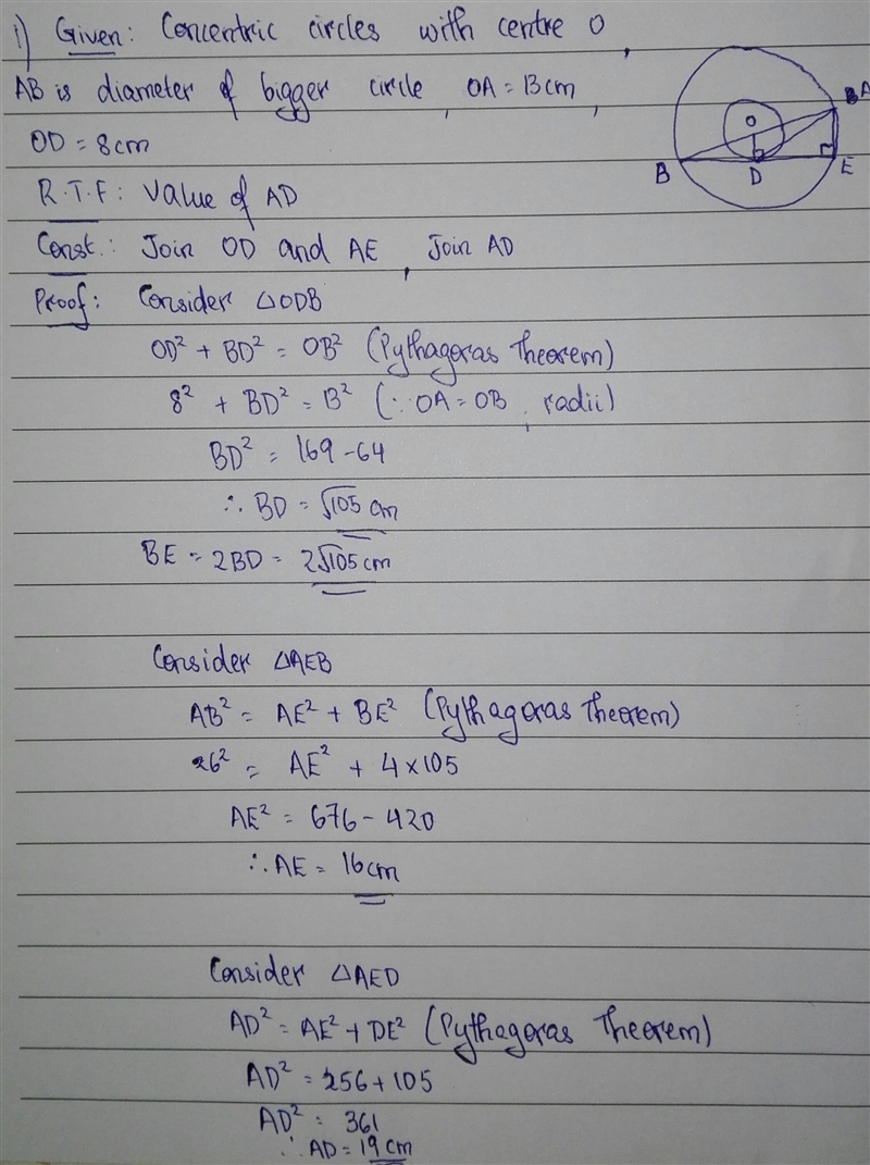 the radii of two concentric circles are 13 cm and 8cm. AB is diameter of the bigger-example-1