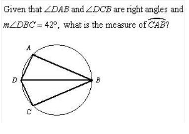 Given that < DAB and < DCB are right angles and m < DBC = 42, what is the-example-1