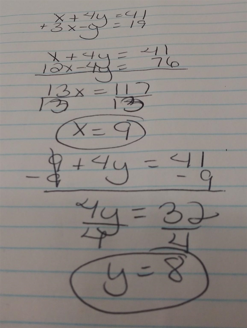 X + 4y = 41 3 x - y = 19-example-1