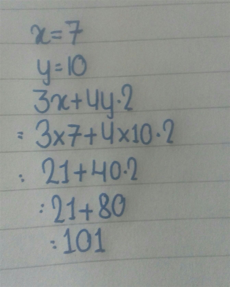 3x+ 4y • 2 for x = 7 and y= 10-example-1