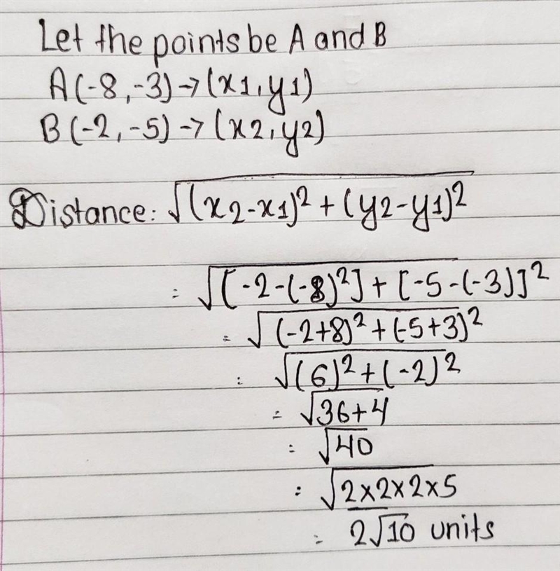 What is the distance between the points (-8, -3) and (-2,-5)?-example-1