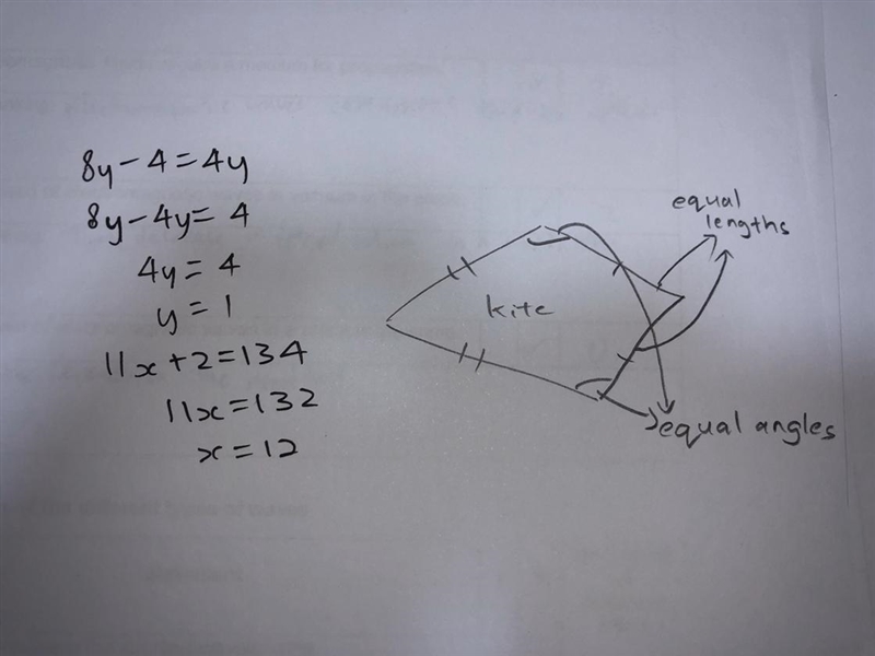 Determine the value of y in the following kite. (11x + 2) (8y - 4) (4y) 134-example-1